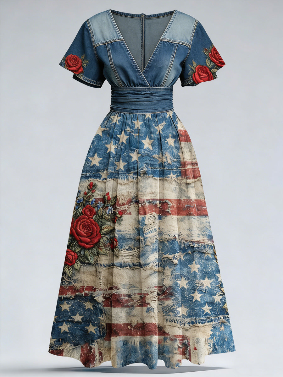 Retro Denim Floral Art Printed Elegant V-Neck Vintage Short Sleeve Maxi Dress
